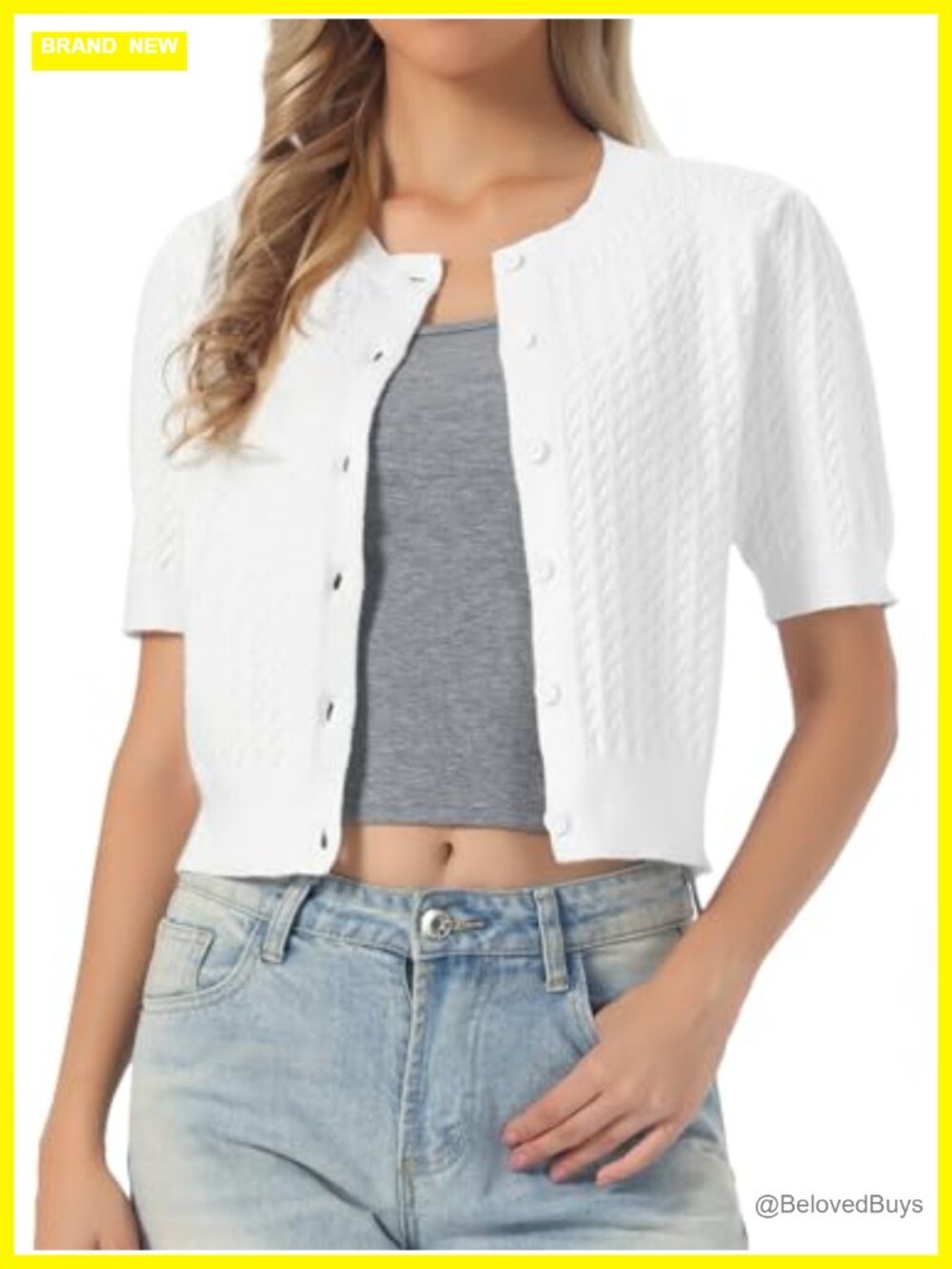Cable Knit Button Down Short Sleeve Cropped Cardigan Sweater Casual